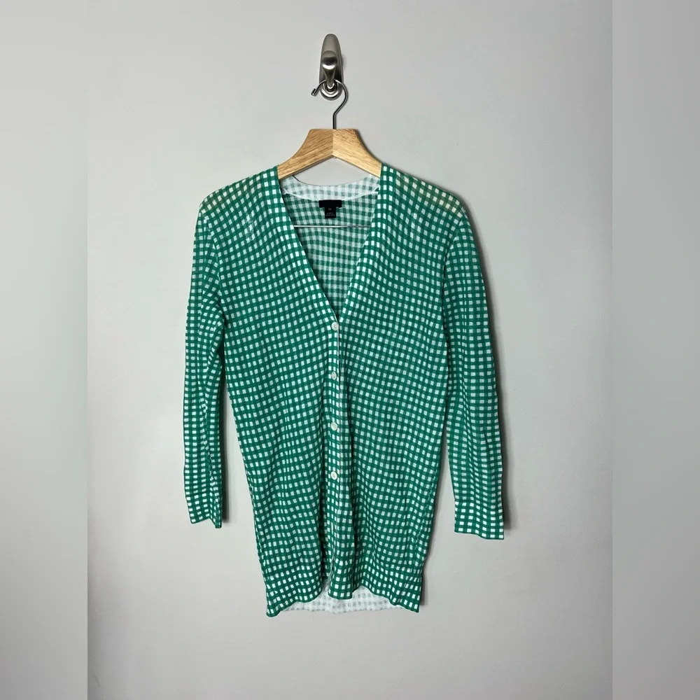 J. Crew Collection Gingham Green White Cardigan Sweater Long Cotton XS 190